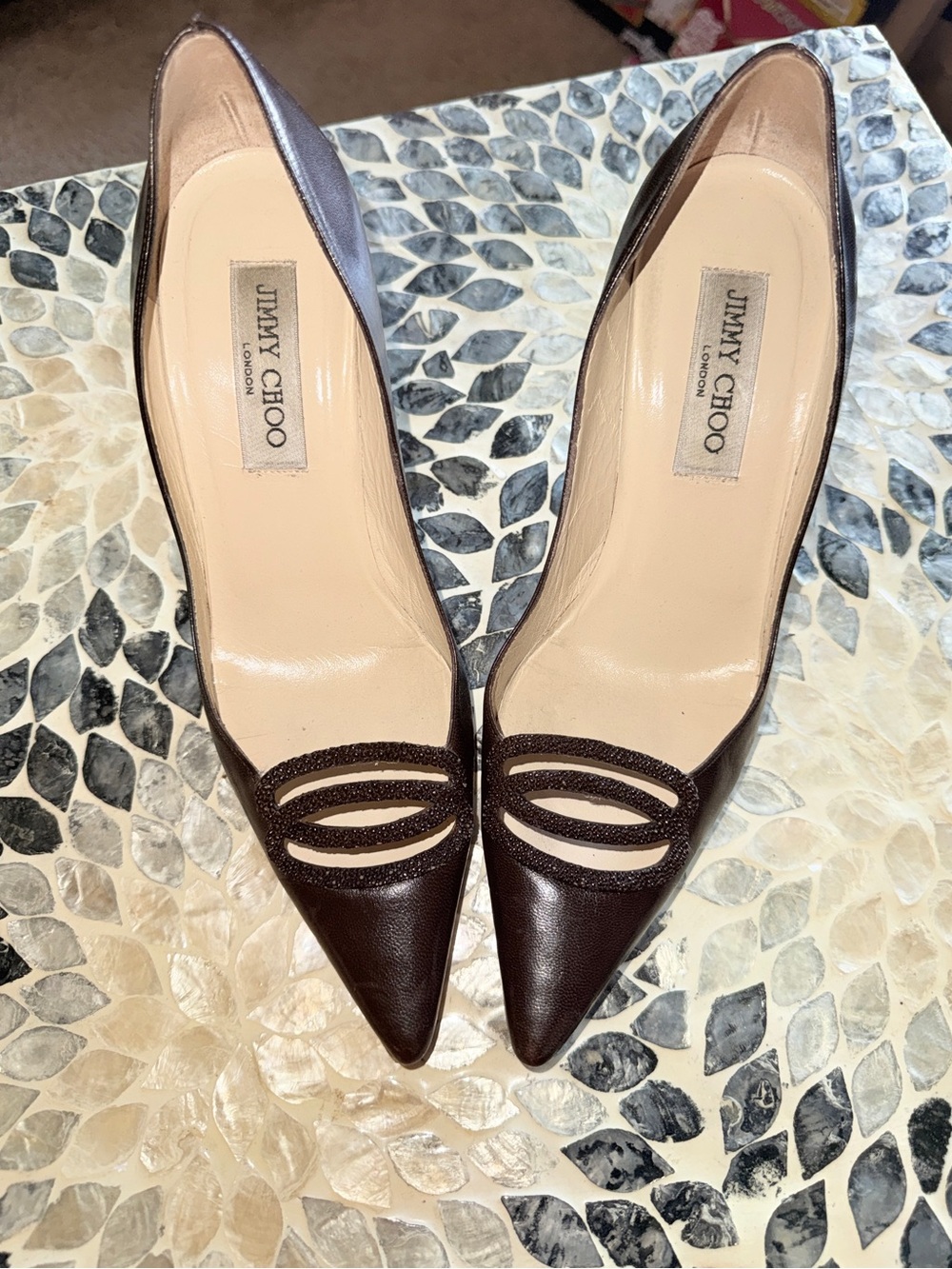 Jimmy Choo Brown Pointed-Toe Leather Pumps with Decorative Cutouts
